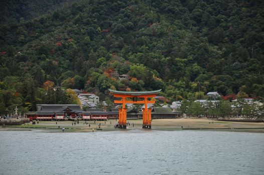 Miyajima red sacred gate in Hiroshima Japan