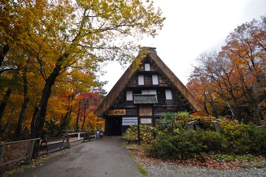Autumn magical scene of Triangular ancient local cottage in Shirakawago village in Takayama Japan