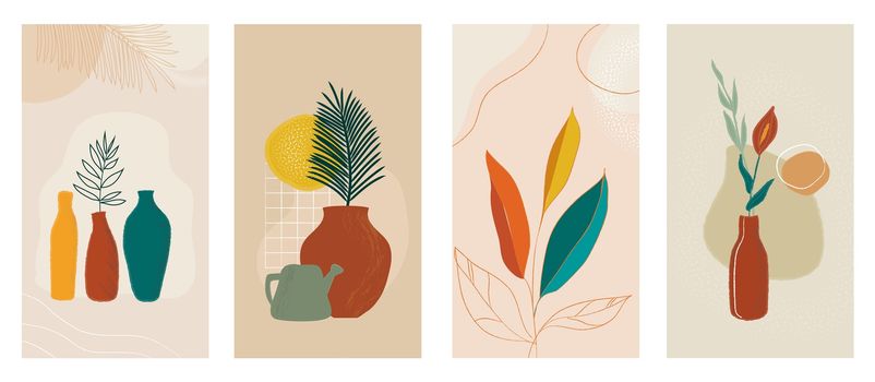 Social media stories set of abstract modern backgrounds with plants in pot. Pastel color combinations, shapes and tropical palm, leaves, lines.Vector eps illustration for advertising, branding, print.