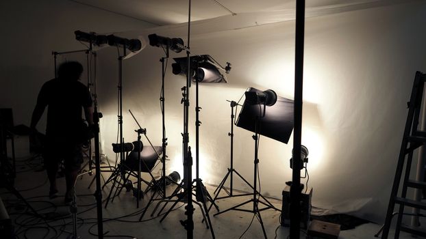 Studio lighting setup for photo shooting production with many equipment such as softbox, backdrop paper, white reflect foam and many more.