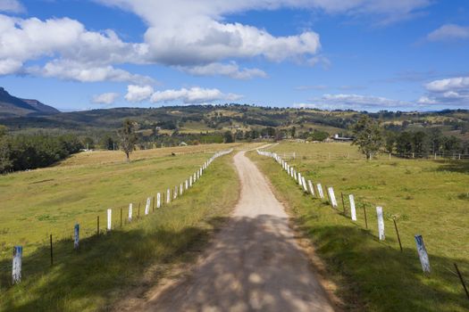 Aerial view of a dirt road with white fence post markers in a green agricultural field