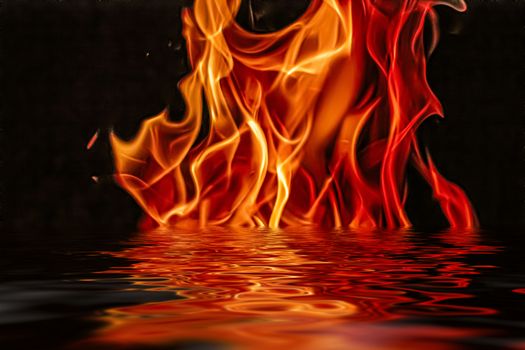 Hot fire flames in water as nature element and abstract background, minimal design