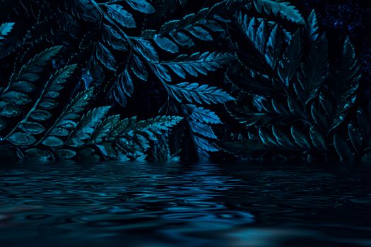 Blue plant leaves and water at night as surreal botanical background, minimal design backdrop