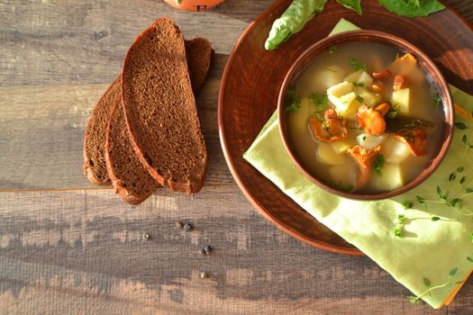 Chanterelle soup puree with thyme, top view, flat lay image with copy space