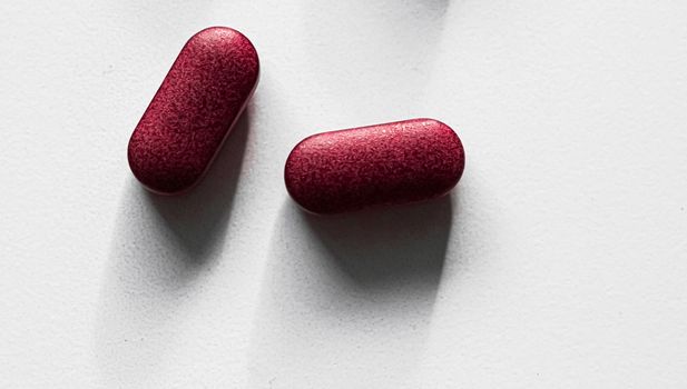 Red pills as herbal medication, pharma brand store, probiotic drugs as nutrition healthcare or diet supplement products for pharmaceutical industry ads