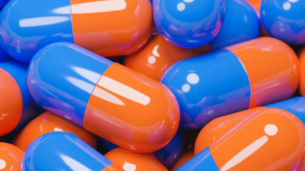 Close up of many orange and blue pills capsules. Medicine and pharmacy concept.,3d model and illustration.