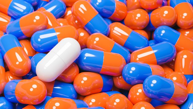Close up of white pill capsule in many orange and blue pills capsules. Medicine and Specialty Pharmaceuticals concept.,3d model and illustration.