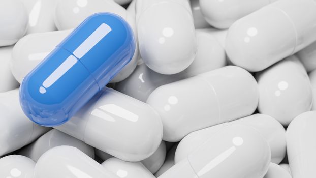 Close up of blue pill capsule in many white pills capsules. Medicine and Specialty Pharmaceuticals concept.,3d model and illustration.
