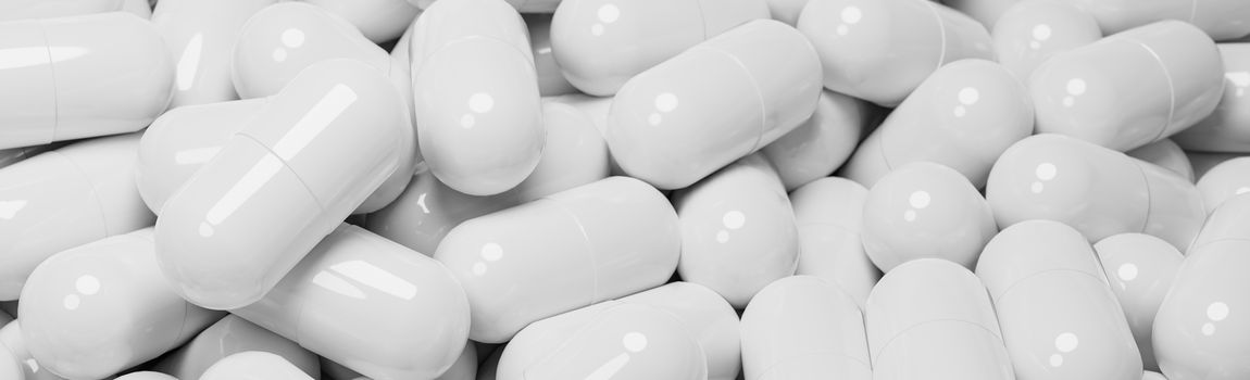 Close up of many white pills capsules. Medicine and pharmacy concept.,3d model and illustration.