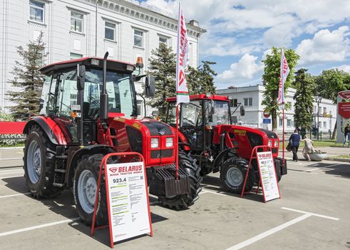 Belarus, Minsk - 27.05.2017: Exhibition samples of tractors near the Minsk Tractor Plant