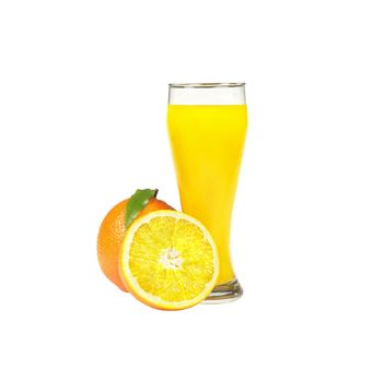 Whole orange, half of an orange and a tall glass of orange juice on white background