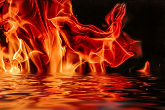 Hot fire flames in water as nature element and abstract background, minimal design