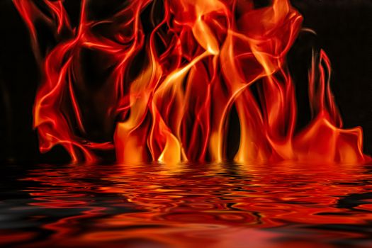 Hot fire flames in water as nature element and abstract background, minimal design