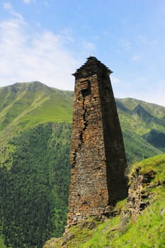 Old tower ruins in old village in Kvavlo, Tusheti, Georgia
