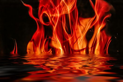 Hot fire flames in water as nature element and abstract background, minimal design