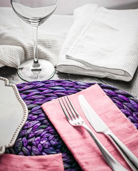 Table scape, menu and interior concept - Holiday table setting with pink napkin and silver cutlery, food styling props, vintage set for wedding, event, date, party or luxury home decor brand design