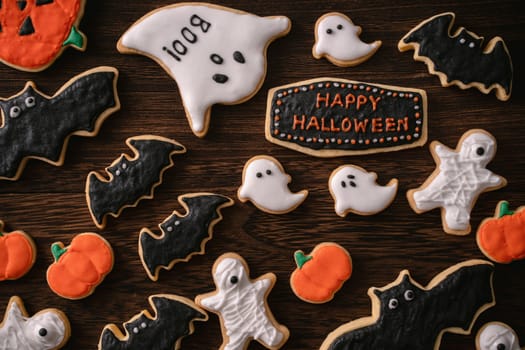 Top view of Halloween festive decorated icing gingerbread sugar cookies with copy space and flat lay layout.