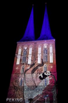 Berlin light festival in 2017 , sideshow on the buildings and landmarks,colorful lights and industrial art.Event in city center.