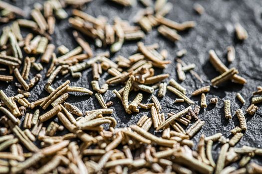 Rosemary closeup on luxury stone background as flat lay, dry food spices and recipe ingredients