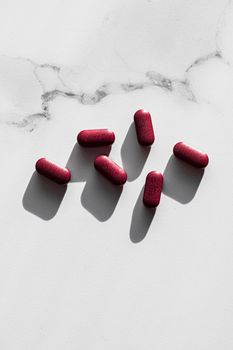 Red pills as herbal medication, pharma brand store, probiotic drugs as nutrition healthcare or diet supplement products for pharmaceutical industry ads