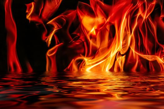 Hot fire flames in water as nature element and abstract background, minimal design