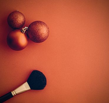 Cosmetic branding, fashion blog cover and girly glamour concept - Make-up and cosmetics product set for beauty brand Christmas sale promotion, vintage orange flatlay background as holiday design