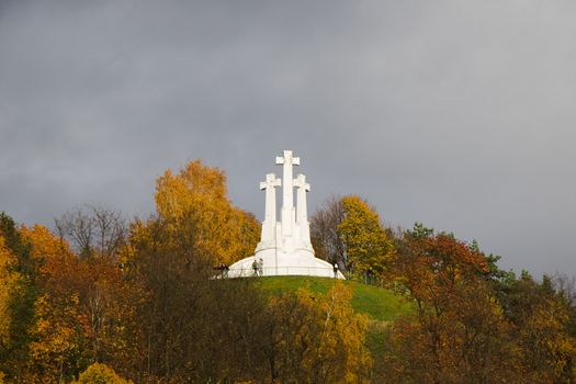 VILNIUS, LITHUANIA - OCTOBER 18, 2017: Tree crosses on the hill in
