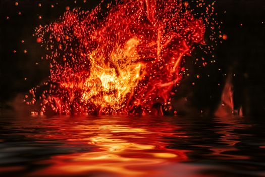 Hot fire flames in water as nature element and abstract background, minimal design