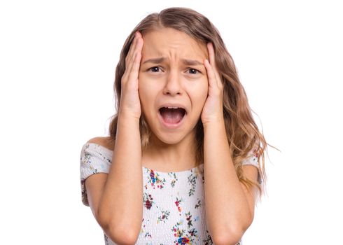 Emotional portrait of scared girl teenager, isolated on white background