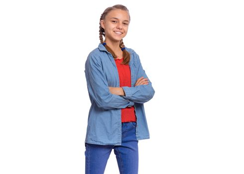 Happy teenage girl laughing looking very happy, isolated on white background