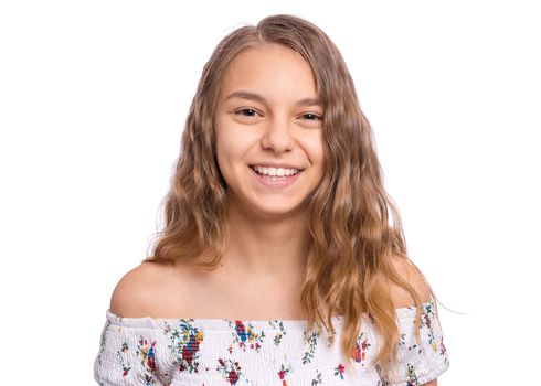 Happy teenage girl laughing looking very happy, isolated on white background