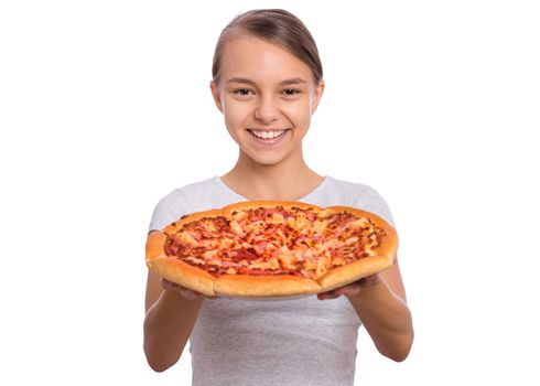 Happy beautiful teen girl holds plate with fresh pizza, isolated on white background