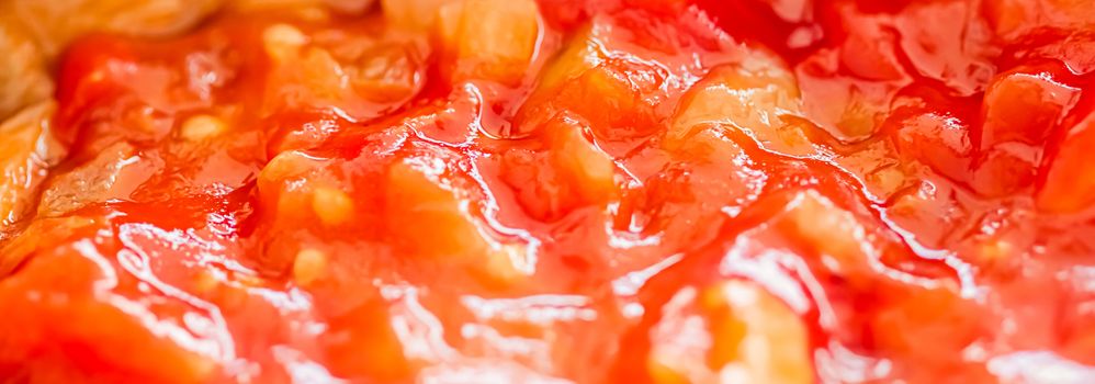 Cooking tomato sauce, closeup steamed vegetables for cook book or food blog backgrounds