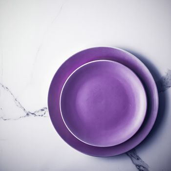 Branding, cuisine and culinary concept - Purple empty plate on marble table background, tableware decor for breakfast, lunch and dinner for restaurant brand menu recipe, luxury holiday flatlay design