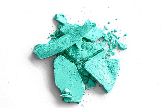 Mint eye shadow powder as makeup palette closeup isolated on white background, crushed cosmetics and beauty textures