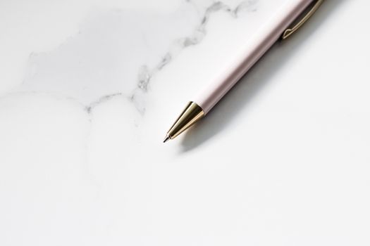 White pen on marble background, luxury stationery and business branding