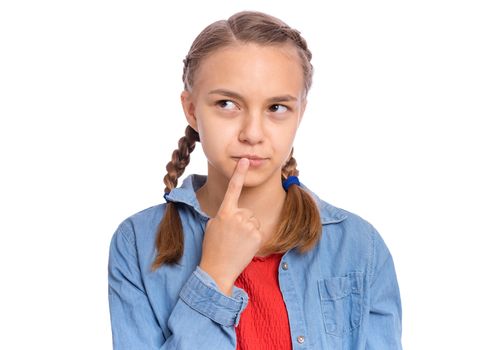 Emotional portrait of scared girl teenager, isolated on white background