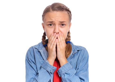 Emotional portrait of scared girl teenager, isolated on white background