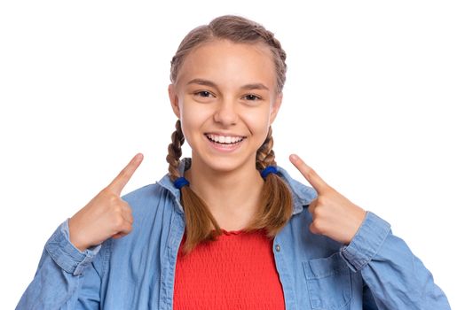 Happy teenage girl laughing looking very happy, isolated on white background