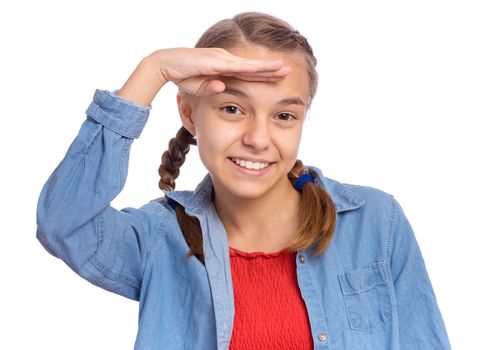 Happy teenage girl laughing looking very happy, isolated on white background