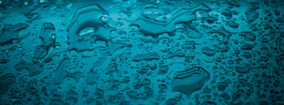 Liquid, wet and zen concept - Water texture abstract background, aqua drops on turquoise glass as science macro element, rainy weather and nature surface art backdrop for environmental brand design