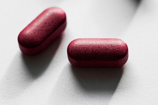 Red pills as herbal medication, pharma brand store, probiotic drugs as nutrition healthcare or diet supplement products for pharmaceutical industry ads