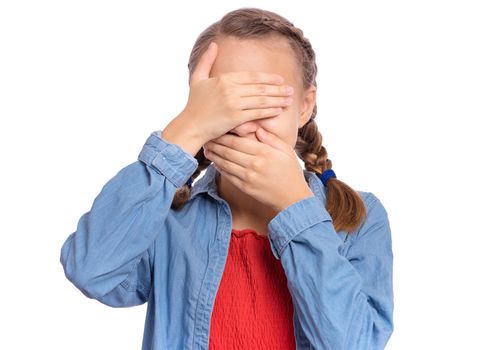 Beautiful teenage girl covering her eyes and mouth hands, isolated on white background