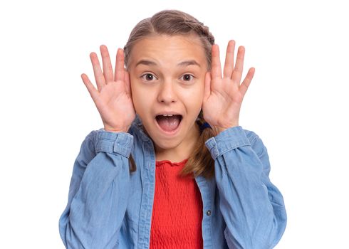 Emotional portrait of scared girl teenager, isolated on white background