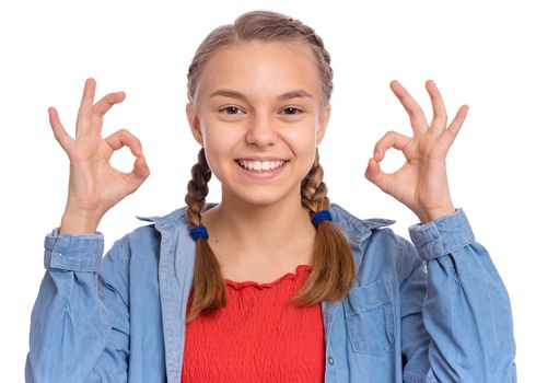 Happy teenage girl laughing looking very happy, isolated on white background