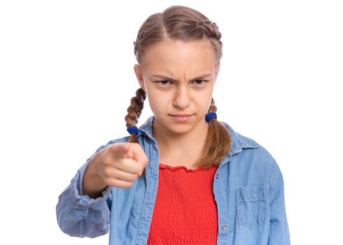 Emotional portrait of scared girl teenager looking with negative expression and disapproval, isolated on white background