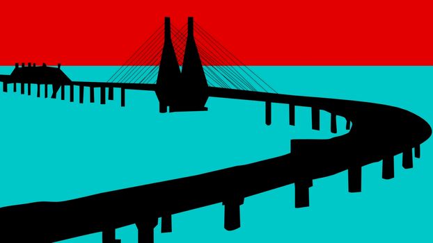 illustration Painting of Mumbai skyline bridge. and red sky