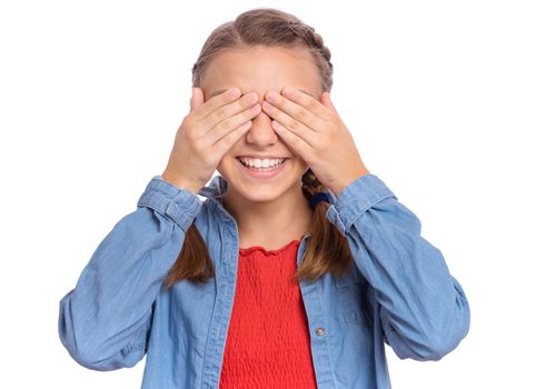 Beautiful teenage girl covering her eyes by hands, isolated on white background