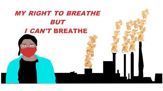 illustration of factory air pollution with a mask for humans to protect own self.