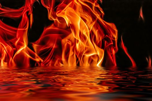 Hot fire flames in water as nature element and abstract background, minimal design